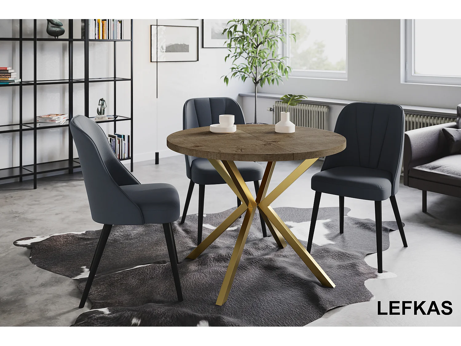 Table à manger ronde LITEN, table à rallonges Diamètre : 120 cm/200 cm, couleur de la table basse : gris, avec pieds métalliques couleur or