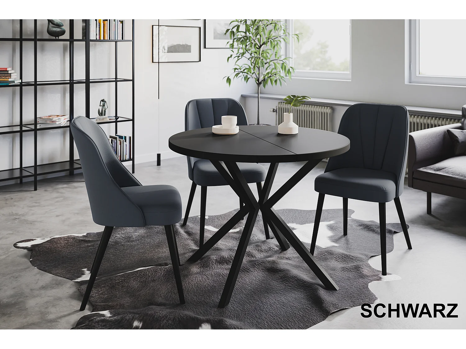 Table à manger ronde LITEN, table à rallonges Diamètre : 90 cm/170 cm, couleur de la table basse : noir, avec pieds métalliques de couleur noire