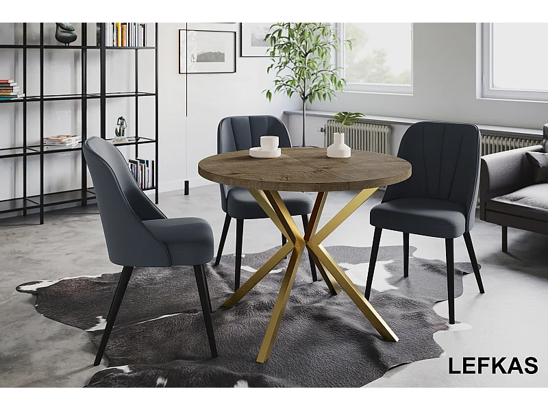 Table à manger ronde LITEN, table à rallonges Diamètre : 100 cm/180 cm, couleur de la table basse : gris, avec pieds métalliques couleur or