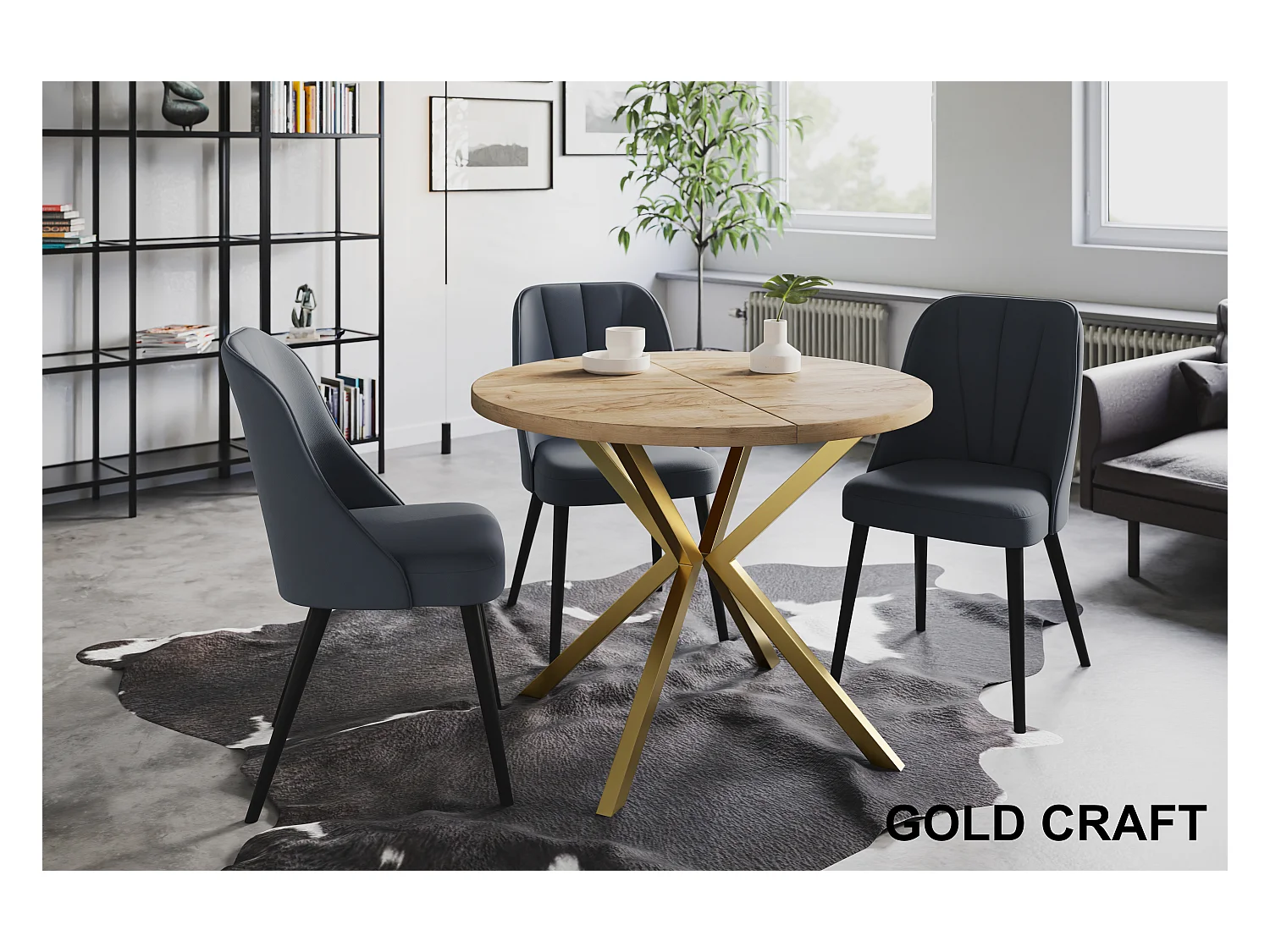 Table à manger ronde LITEN, table à rallonges Diamètre : 120 cm/200 cm, couleur de la table basse : marron, avec pieds métalliques couleur or
