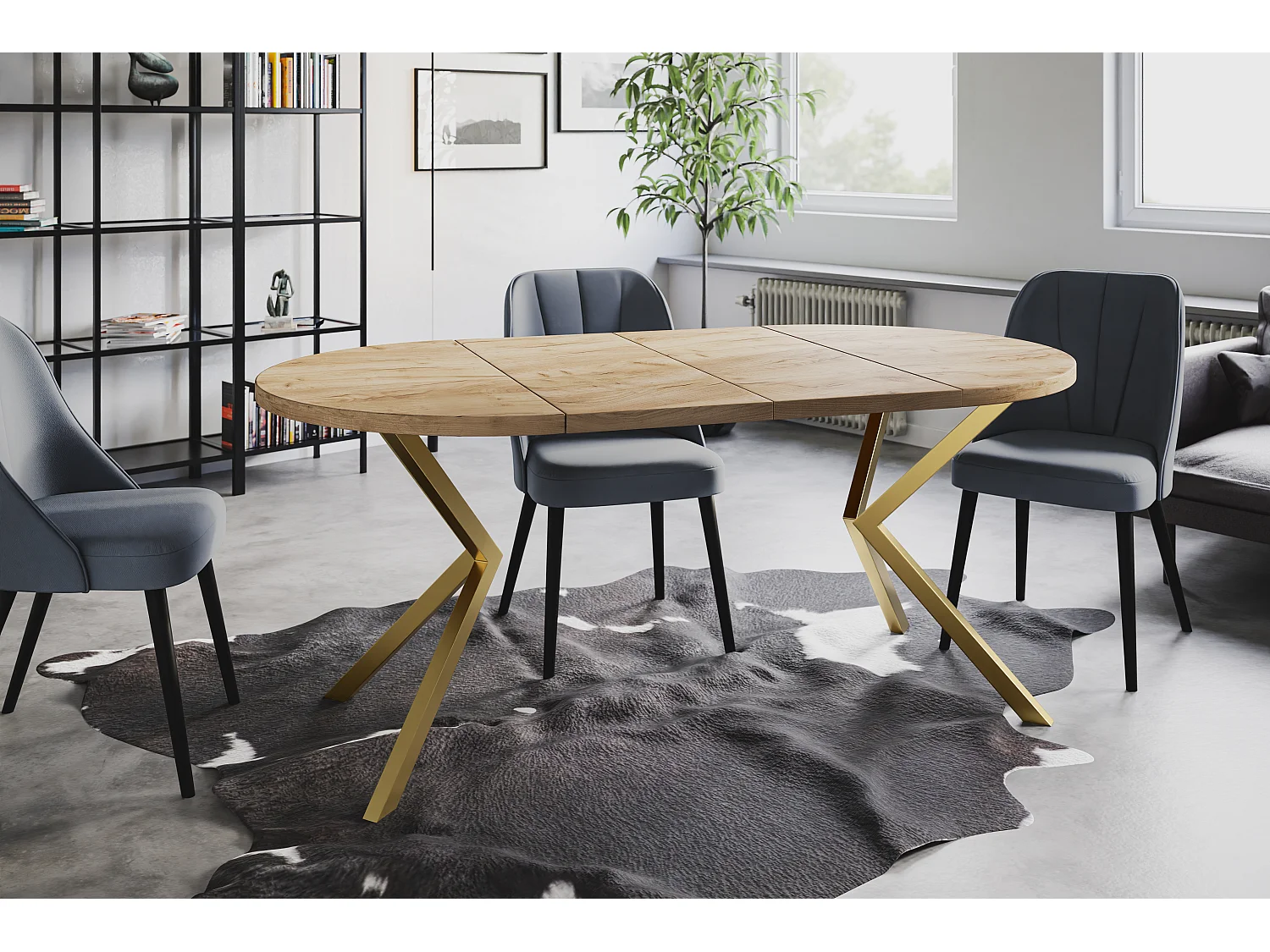 Table à manger ronde LITEN, table à rallonges Diamètre : 120 cm/200 cm, couleur de la table basse : marron, avec pieds métalliques couleur or