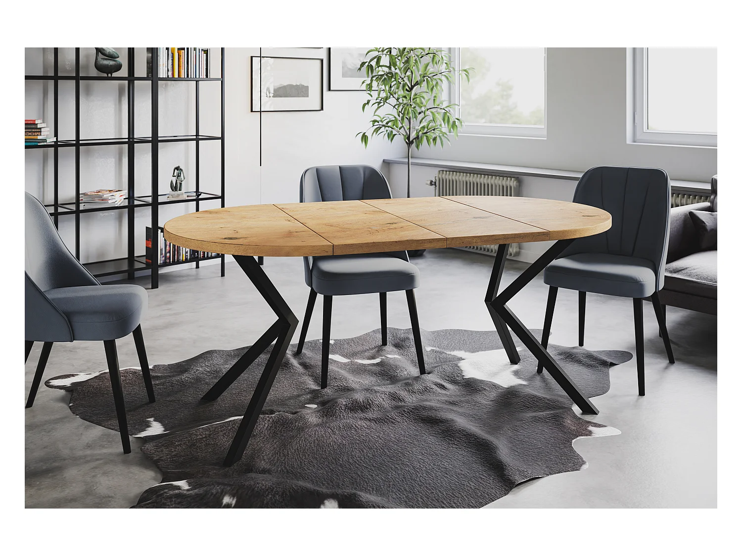 Table à manger ronde LITEN, table à rallonges Diamètre : 90 cm/170 cm, couleur de la table basse : marron clair, avec pieds métalliques de couleur noire