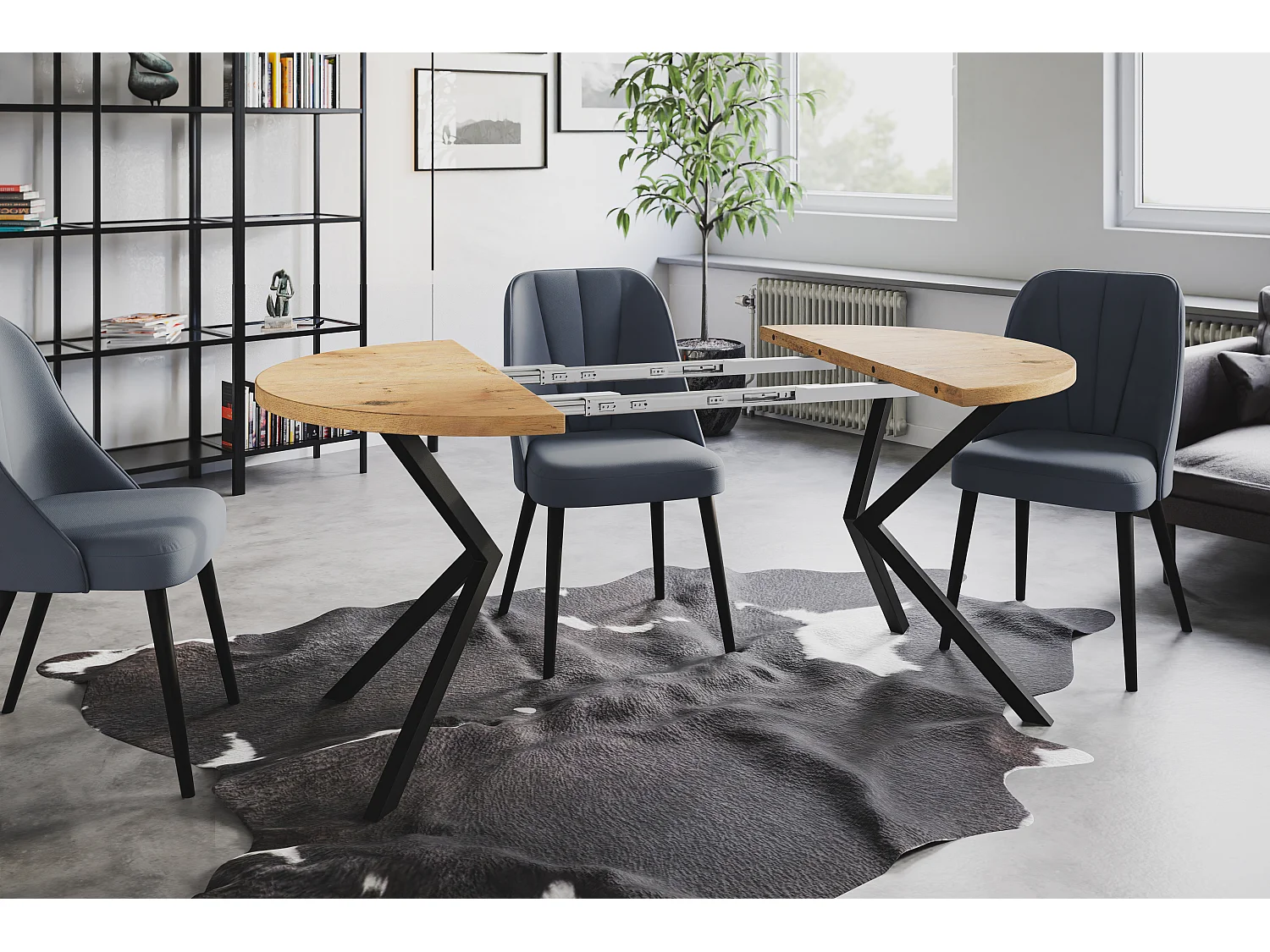 Table à manger ronde LITEN, table à rallonges Diamètre : 90 cm/170 cm, couleur de la table basse : marron clair, avec pieds métalliques de couleur noire