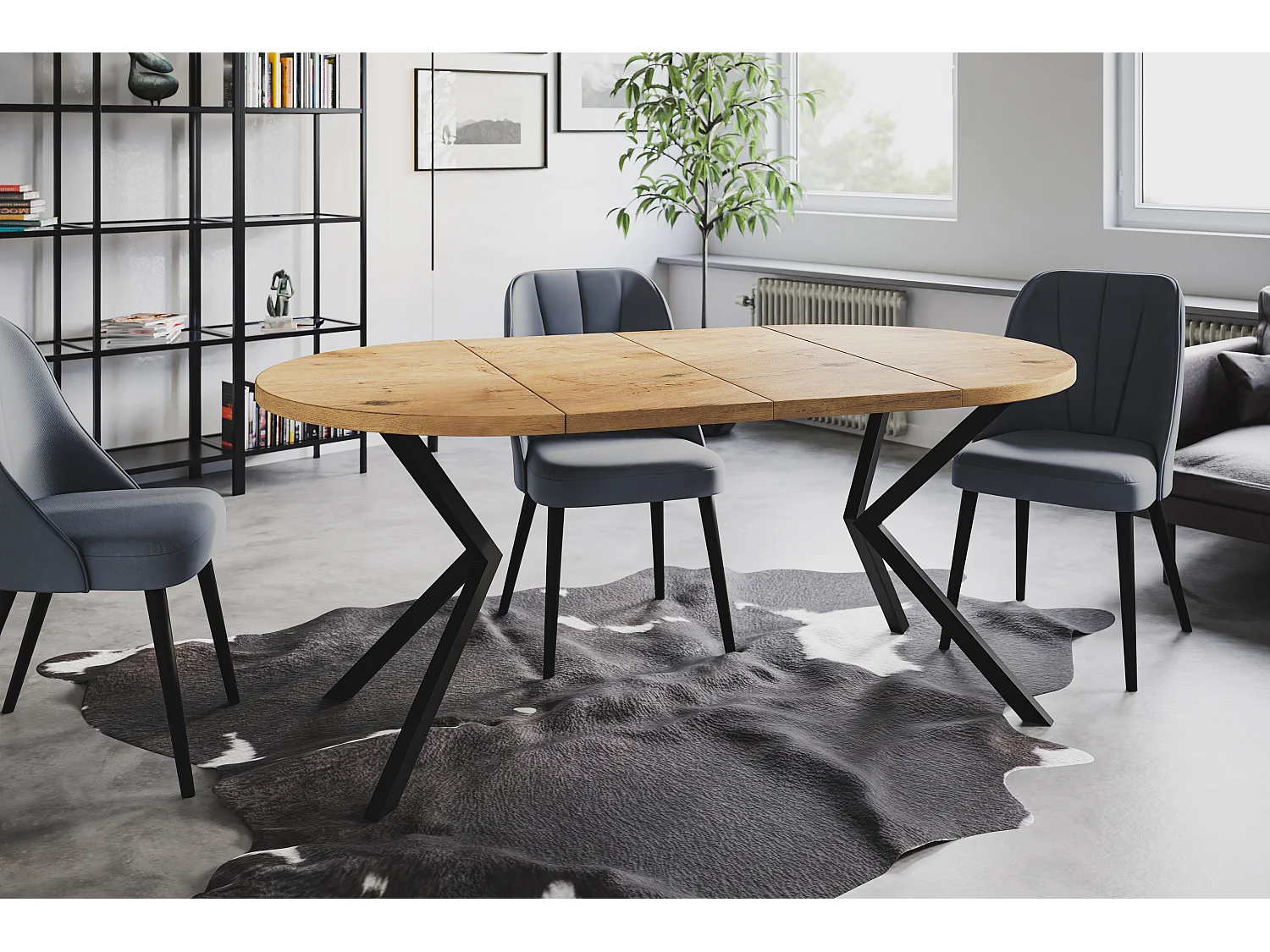 Table à manger ronde LITEN, table à rallonges Diamètre : 90 cm/170 cm, couleur de la table basse : marron clair, avec pieds métalliques de couleur noire