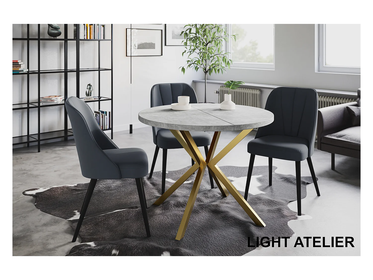 Table à manger ronde LITEN, table à rallonges Diamètre : 90 cm/170 cm, couleur de la table basse : gris clair, avec pieds métalliques couleur or