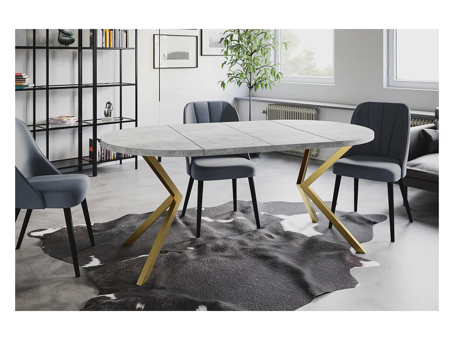 Table à manger ronde LITEN, table à rallonges Diamètre : 90 cm/170 cm, couleur de la table basse : gris clair, avec pieds métalliques couleur or