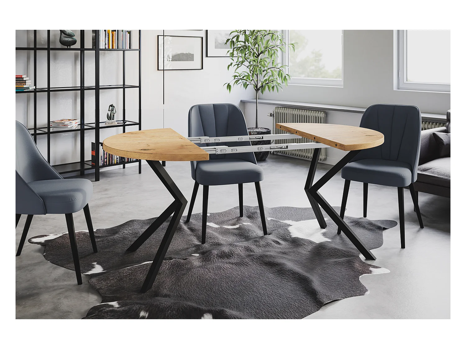 Table à manger ronde LITEN, table à rallonges Diamètre : 120 cm/200 cm, couleur de la table basse : marron clair, avec pieds métalliques de couleur noire