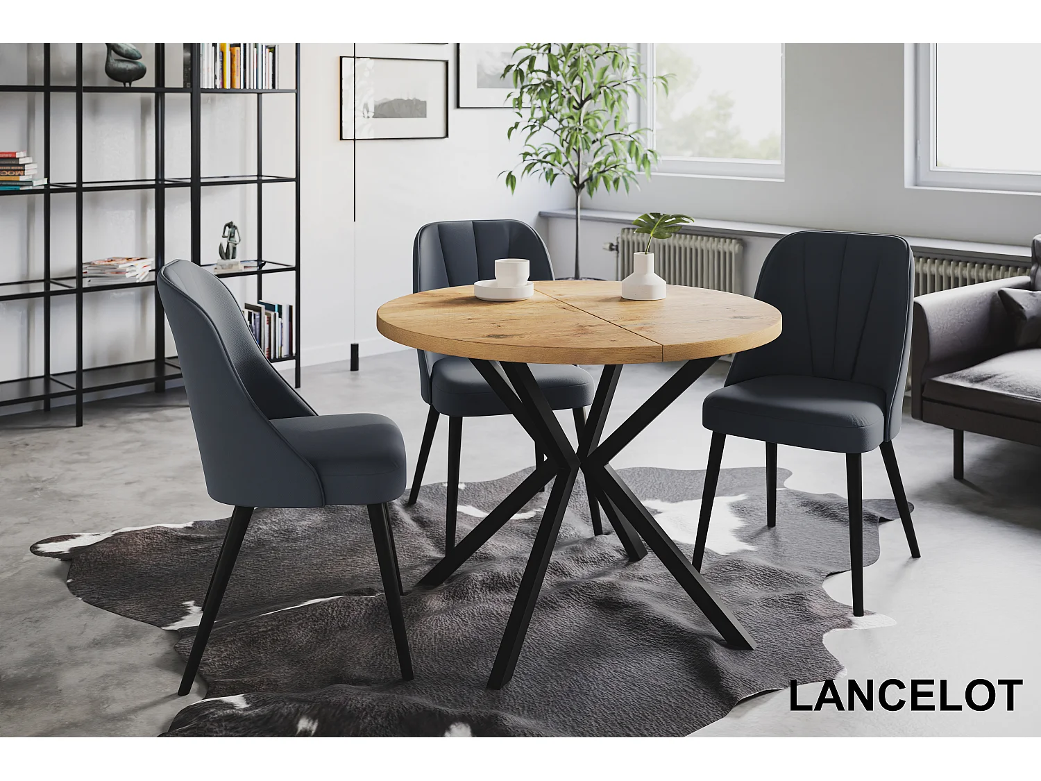 Table à manger ronde LITEN, table à rallonges Diamètre : 120 cm/200 cm, couleur de la table basse : marron clair, avec pieds métalliques de couleur noire