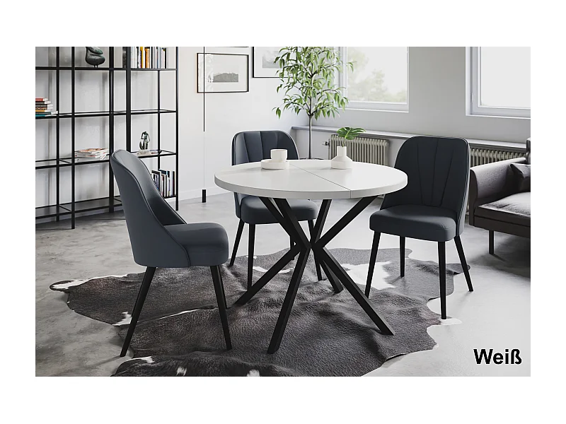 Table à manger ronde LITEN, table à rallonges Diamètre : 90 cm/170 cm, table de salon Couleur : blanc, avec pieds métalliques de couleur noir
