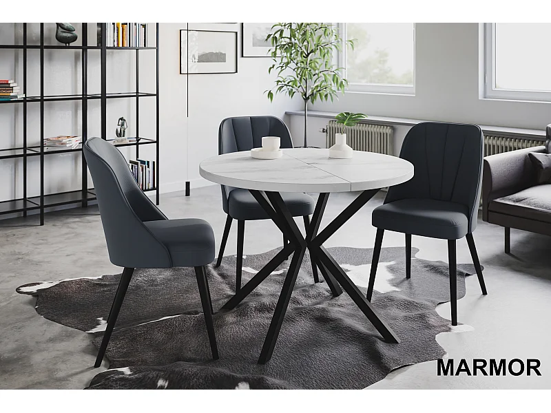 Table à manger ronde LITEN, table à rallonges Diamètre : 120 cm/200 cm, couleur de la table basse : marbre, avec pieds métalliques de couleur noire