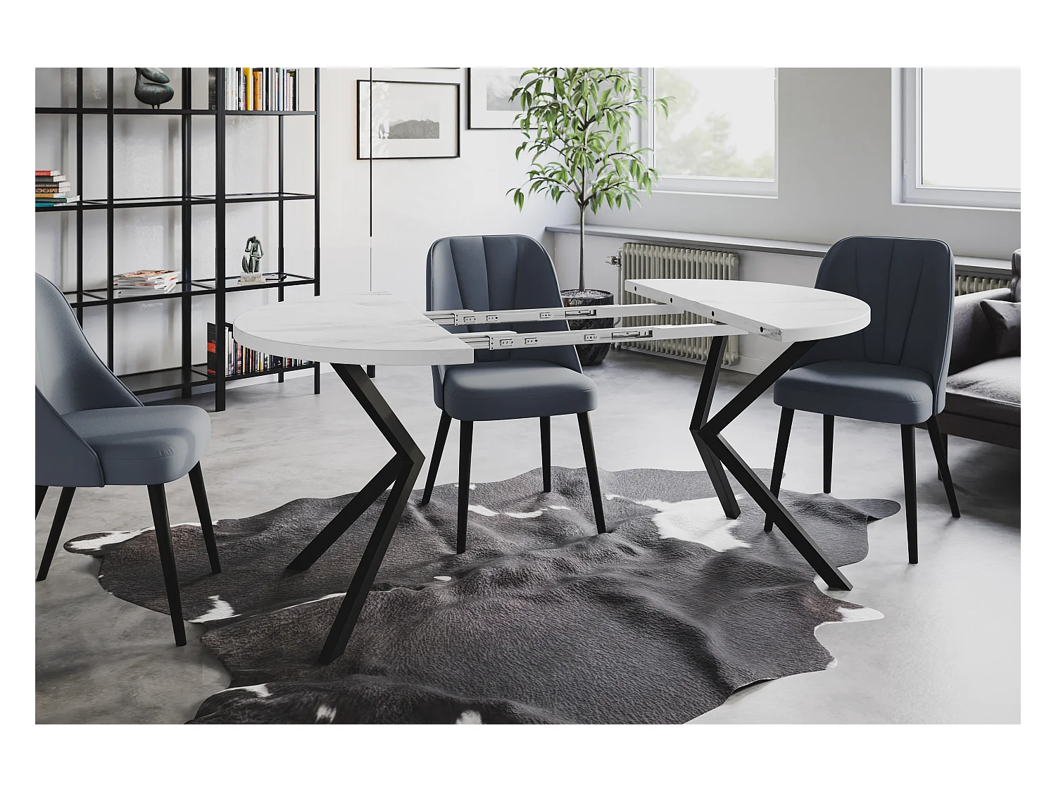 Table à manger ronde LITEN, table à rallonges Diamètre : 120 cm/200 cm, couleur de la table basse : marbre, avec pieds métalliques de couleur noire