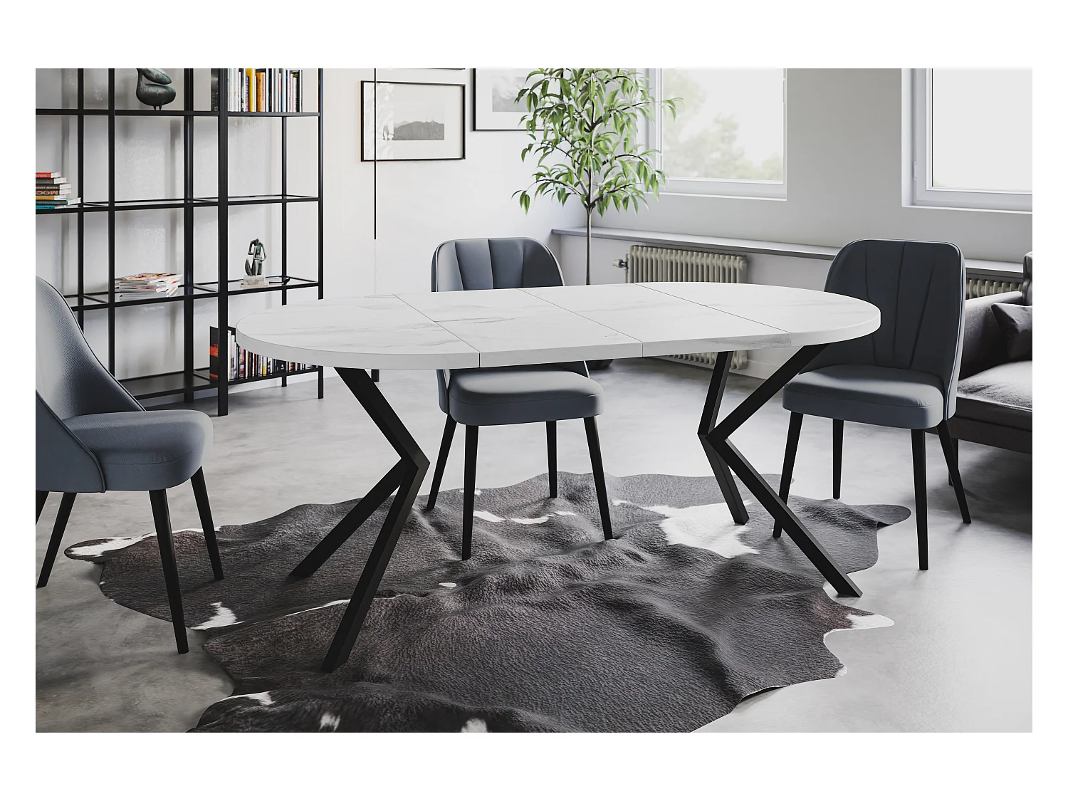 Table à manger ronde LITEN, table à rallonges Diamètre : 120 cm/200 cm, couleur de la table basse : marbre, avec pieds métalliques de couleur noire