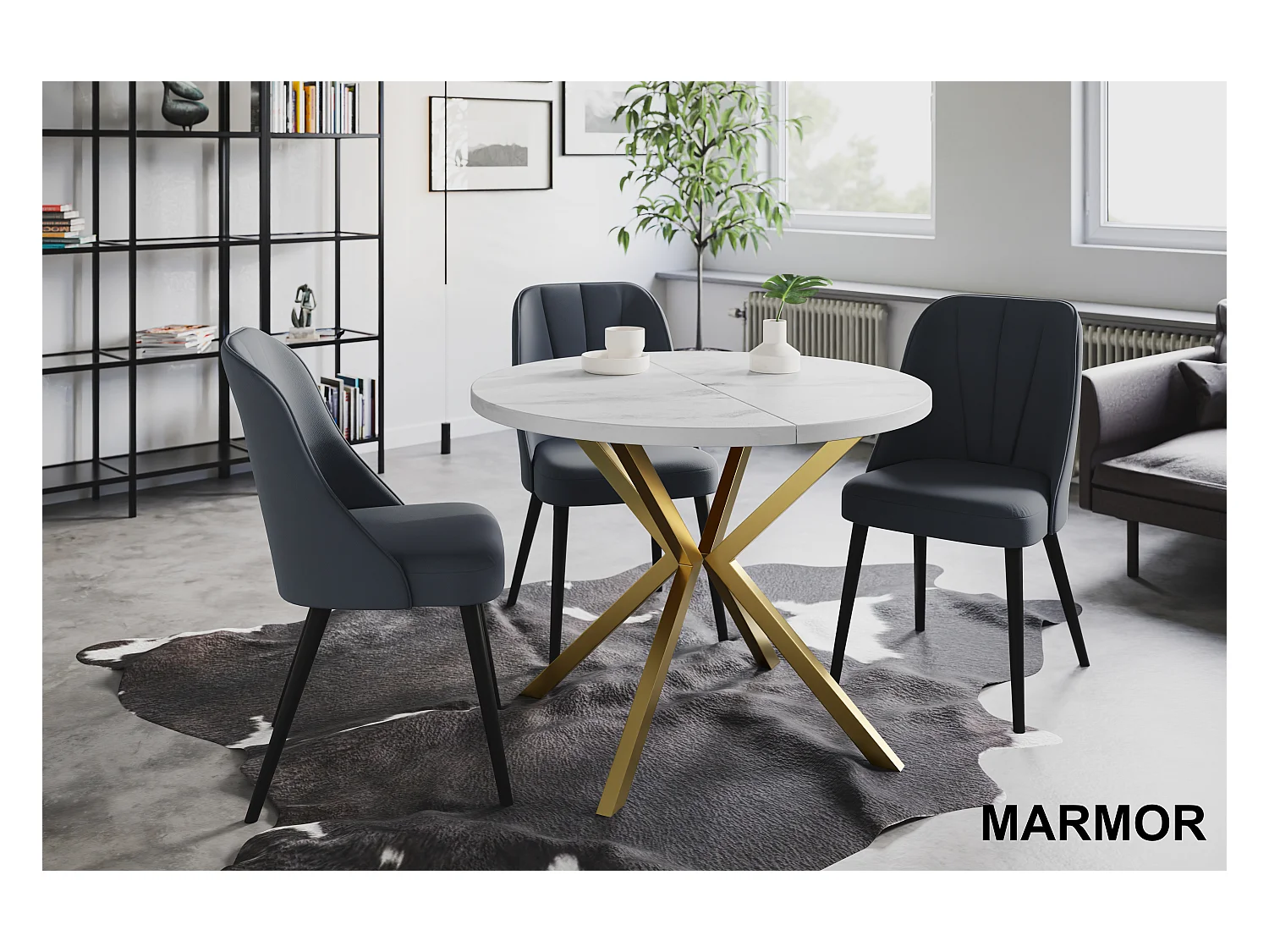 Table à manger ronde LITEN, table à rallonges Diamètre : 90 cm/170 cm, couleur de la table basse : marbre, avec pieds métalliques couleur or