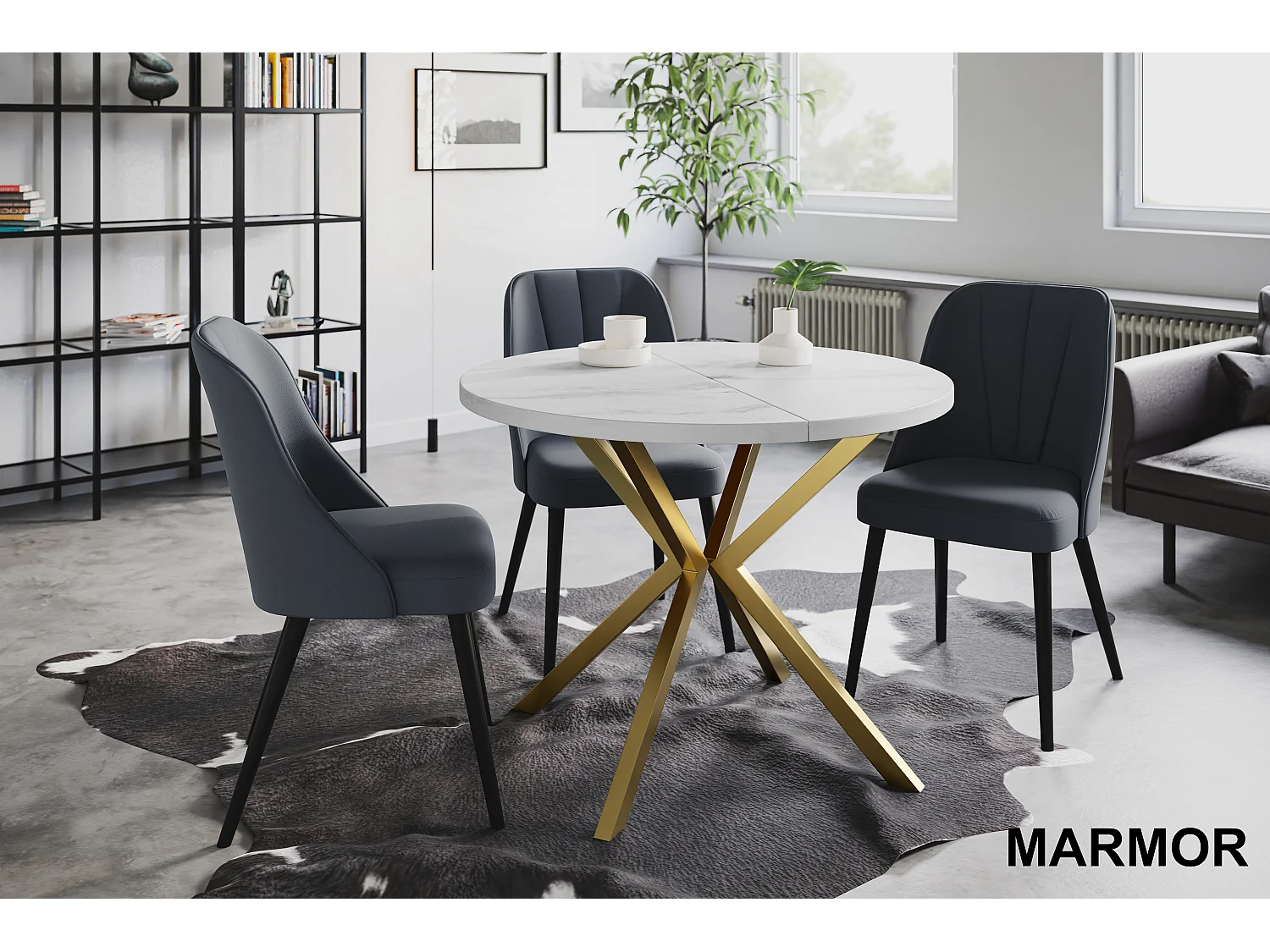 Table à manger ronde LITEN, table à rallonges Diamètre : 90 cm/170 cm, couleur de la table basse : marbre, avec pieds métalliques couleur or