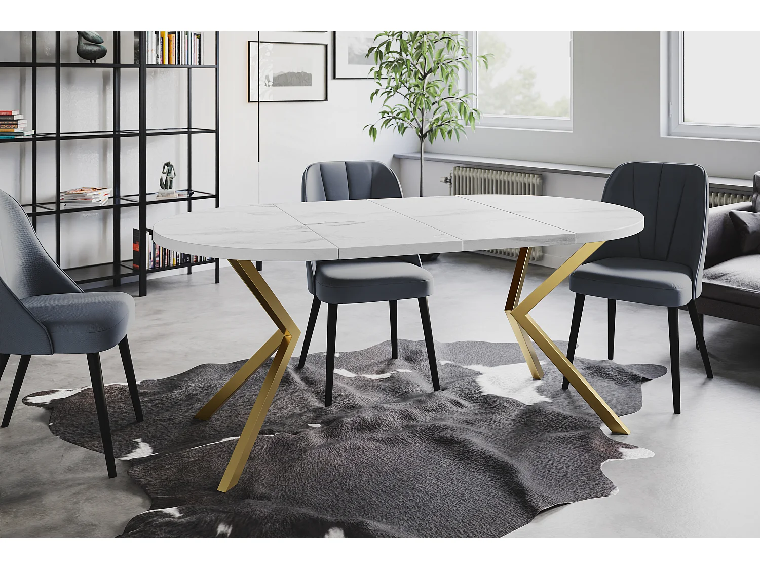 Table à manger ronde LITEN, table à rallonges Diamètre : 90 cm/170 cm, couleur de la table basse : marbre, avec pieds métalliques couleur or