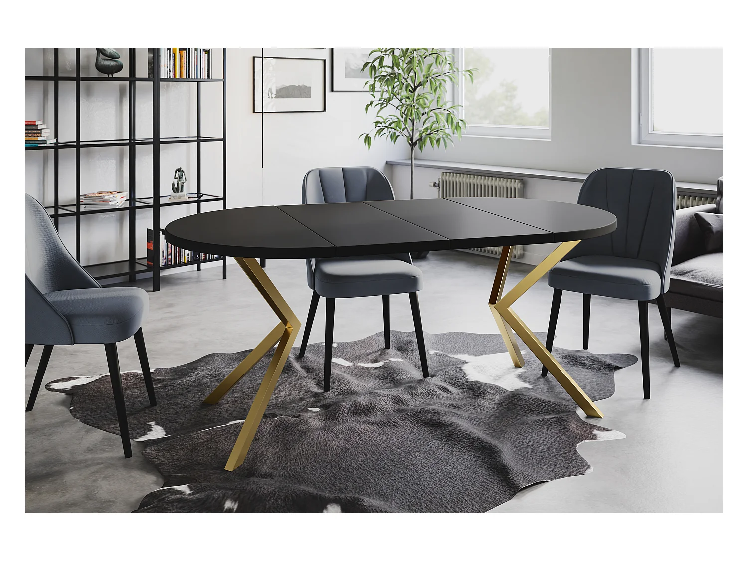 Table à manger ronde LITEN, table à rallonges Diamètre : 120 cm/200 cm, couleur de la table basse : noir, avec pieds métalliques couleur or