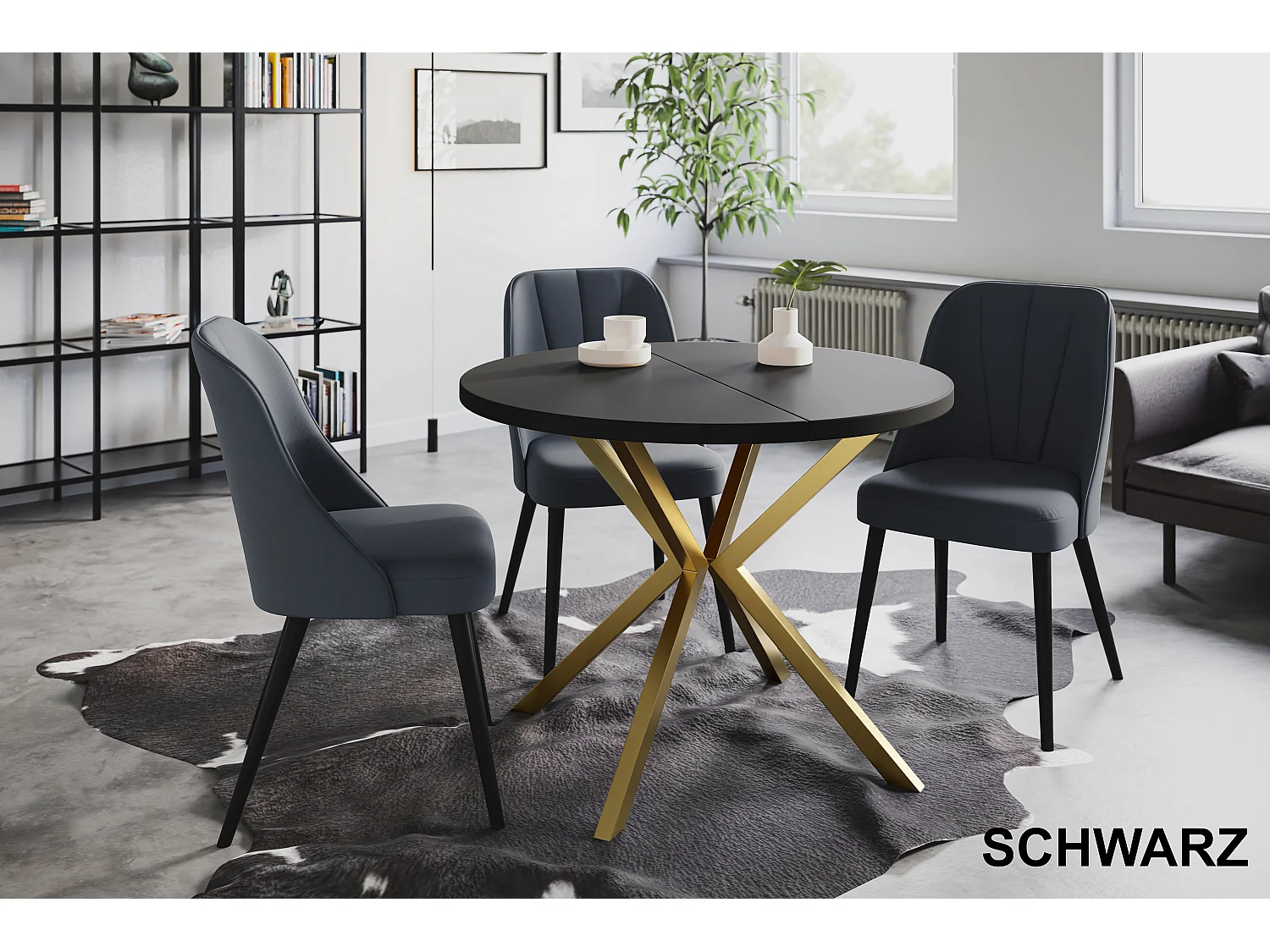 Table à manger ronde LITEN, table à rallonges Diamètre : 120 cm/200 cm, couleur de la table basse : noir, avec pieds métalliques couleur or