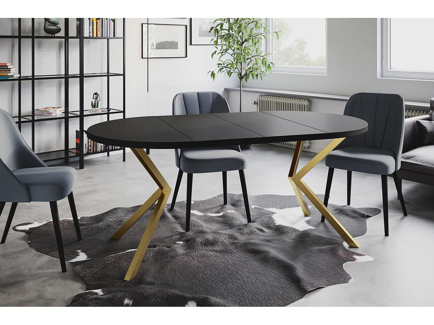 Table à manger ronde LITEN, table à rallonges Diamètre : 120 cm/200 cm, couleur de la table basse : noir, avec pieds métalliques couleur or