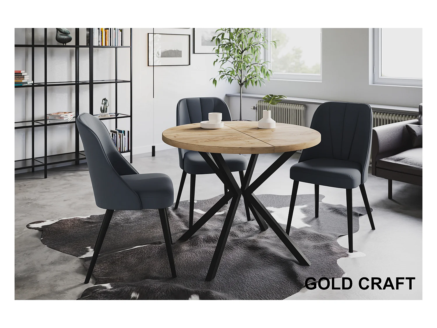 Table à manger ronde LITEN, table à rallonges Diamètre : 100 cm/180 cm, couleur de la table basse : marron, avec pieds métalliques de couleur noire