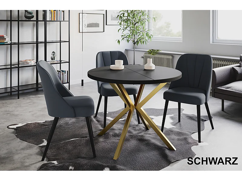 Table à manger ronde LITEN, table à rallonges Diamètre : 100 cm/180 cm, couleur de la table basse : noir, avec pieds métalliques couleur or