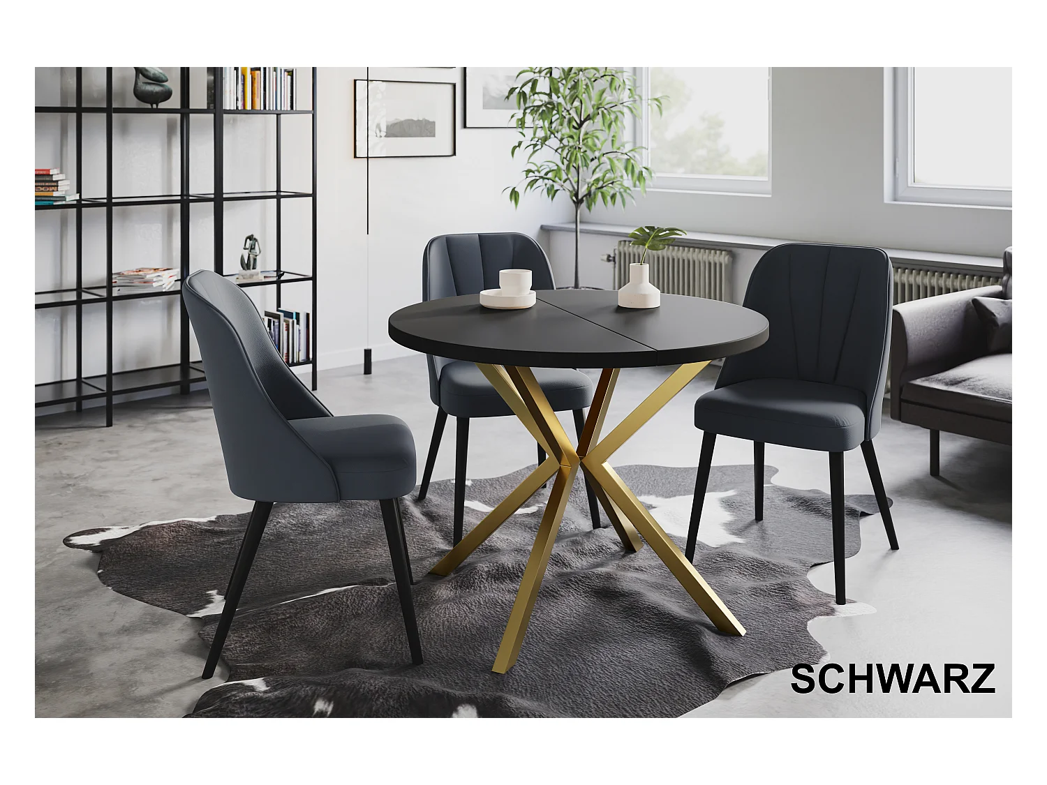 Table à manger ronde LITEN, table à rallonges Diamètre : 100 cm/180 cm, couleur de la table basse : noir, avec pieds métalliques couleur or