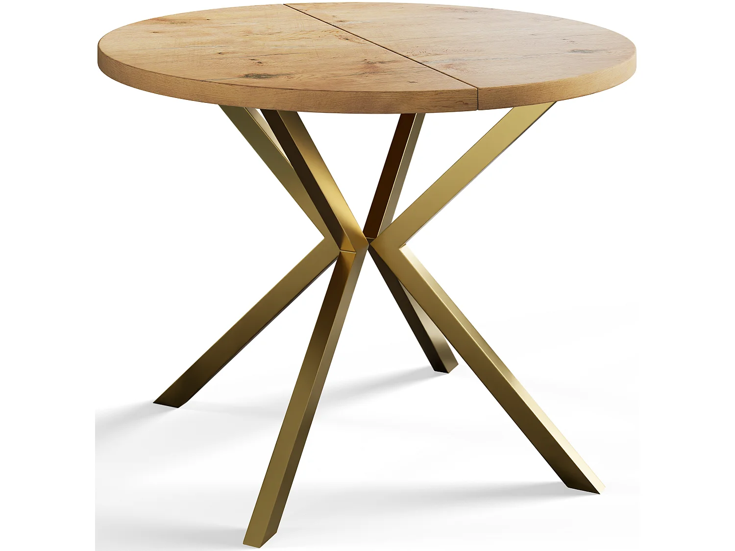 Table à manger ronde LITEN, table à rallonges Diamètre : 100 cm/180 cm, couleur de la table basse : marron clair, avec pieds métalliques couleur or