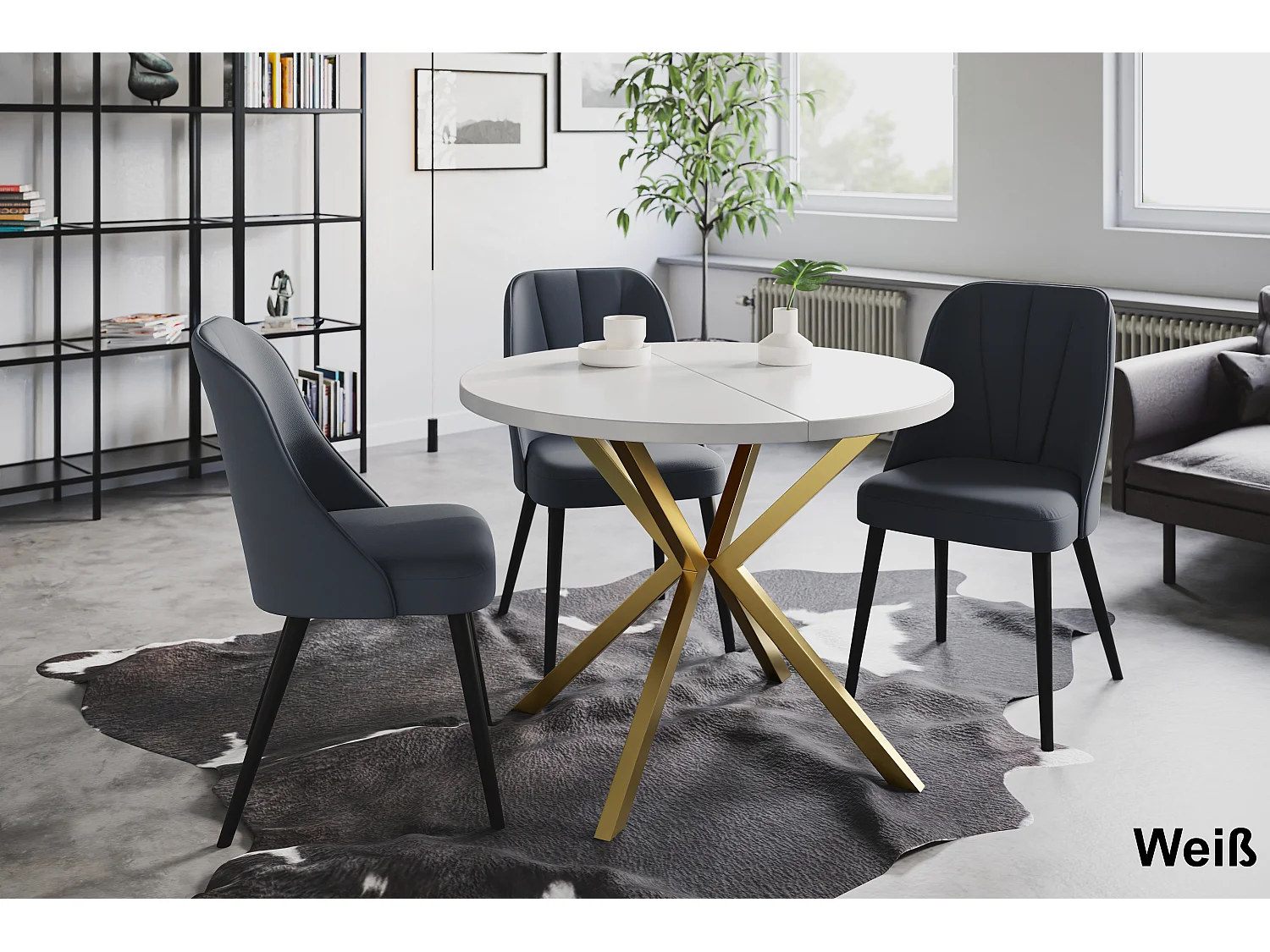 Table à manger ronde LITEN, table à rallonges Diamètre : 100 cm/180 cm, couleur de la table basse : blanc, avec pieds métalliques couleur or