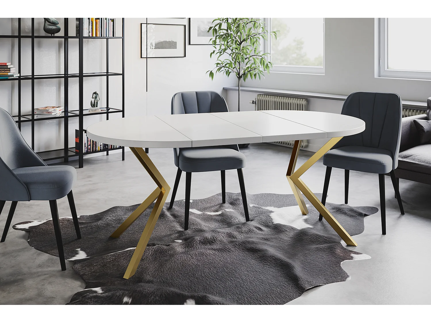 Table à manger ronde LITEN, table à rallonges Diamètre : 100 cm/180 cm, couleur de la table basse : blanc, avec pieds métalliques couleur or