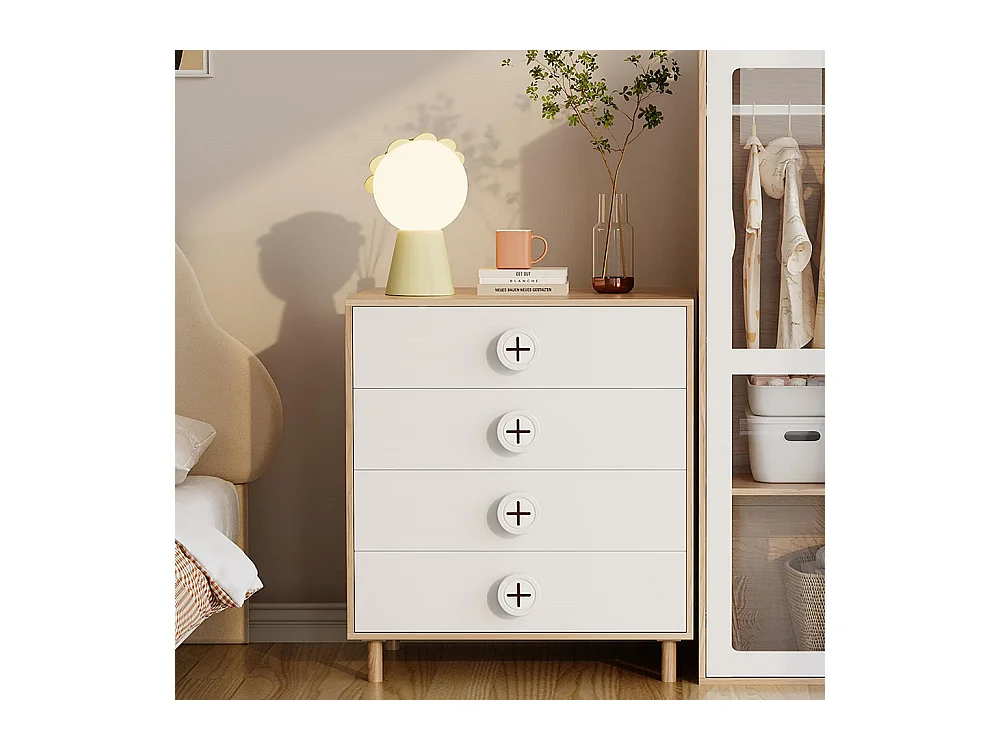 Commode chambre 4 tiroirs armoire rangement enfants panneaux laqués blanc