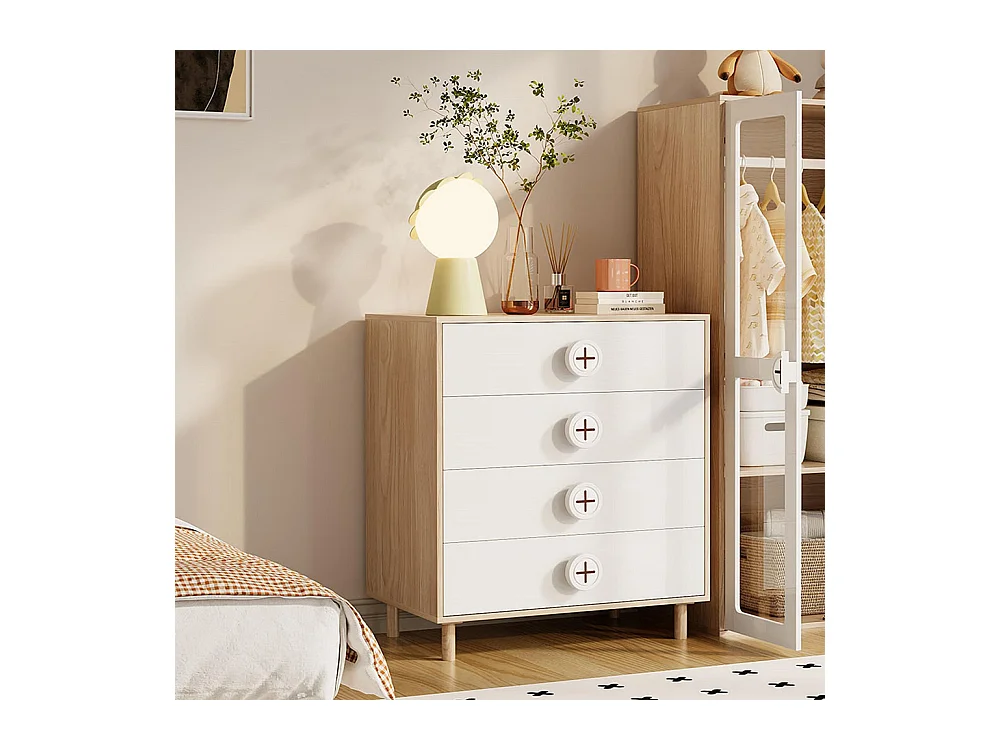 Commode chambre 4 tiroirs armoire rangement enfants panneaux laqués blanc