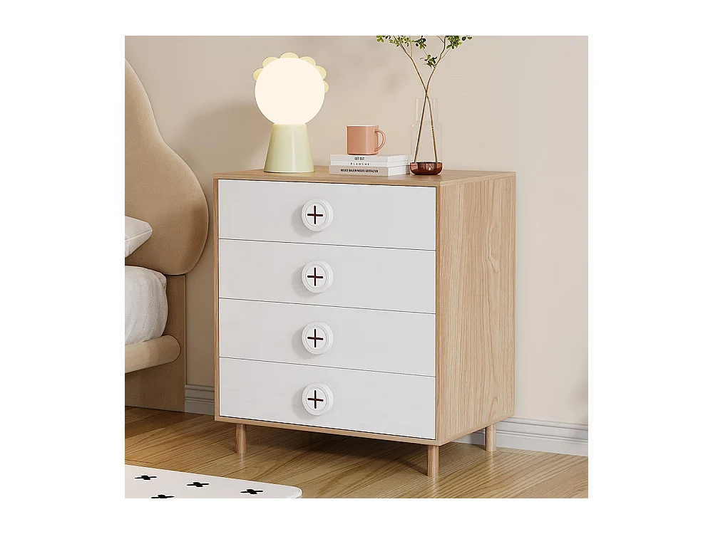 Commode chambre 4 tiroirs armoire rangement enfants panneaux laqués blanc
