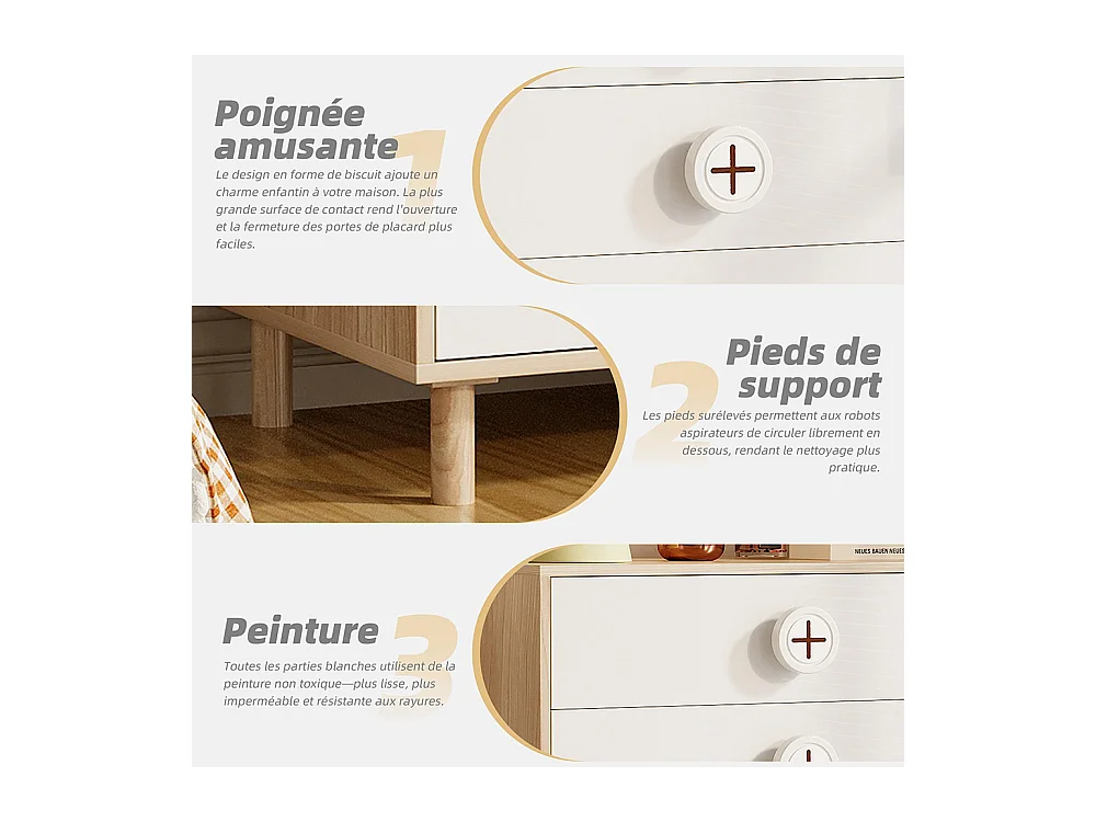 Commode chambre 4 tiroirs armoire rangement enfants panneaux laqués blanc