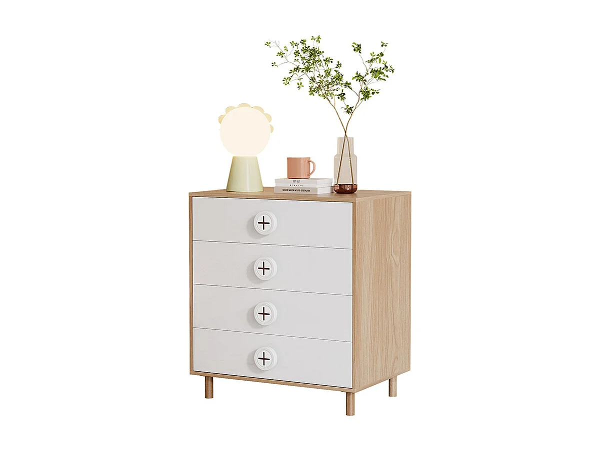 Commode chambre 4 tiroirs armoire rangement enfants panneaux laqués blanc