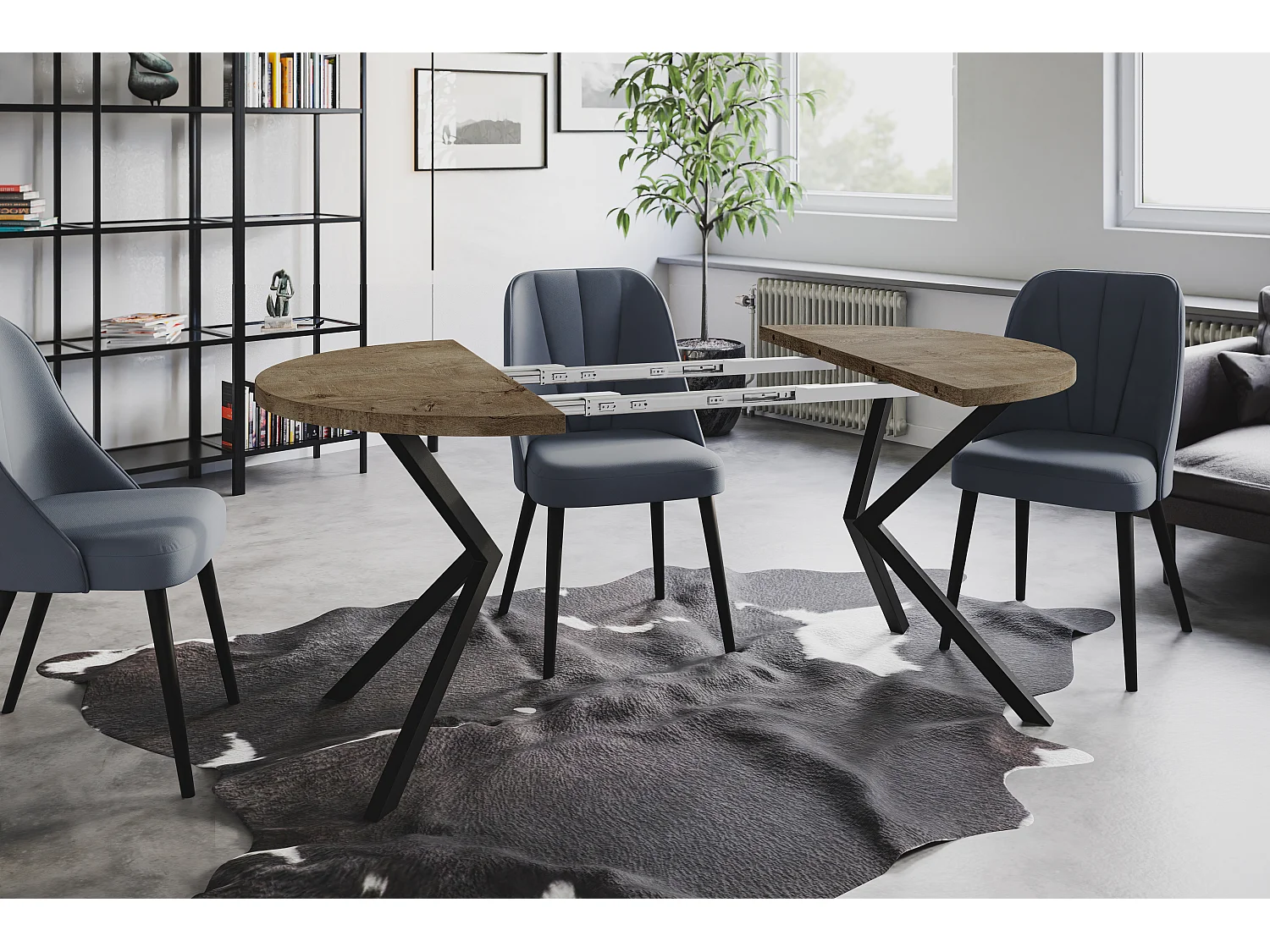 Table à manger ronde LITEN, table à rallonges Diamètre : 100 cm/180 cm, couleur de la table basse : gris, avec pieds métalliques de couleur noire