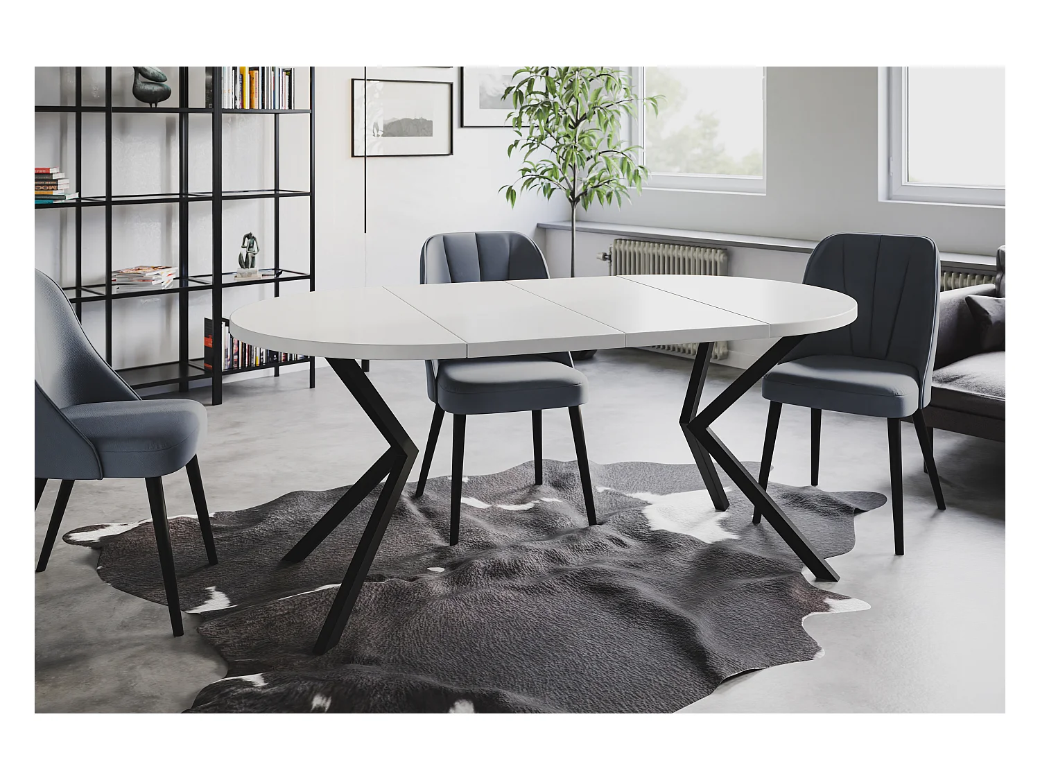 Table à manger ronde LITEN, table à rallonges Diamètre : 120 cm/200 cm, couleur de la table basse : blanc, avec pieds métalliques de couleur noir