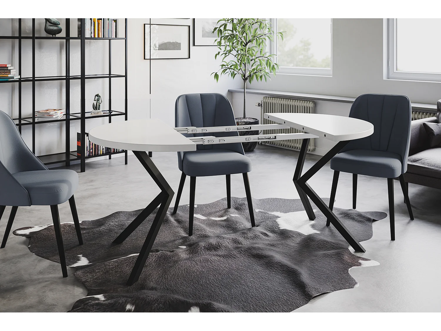 Table à manger ronde LITEN, table à rallonges Diamètre : 120 cm/200 cm, couleur de la table basse : blanc, avec pieds métalliques de couleur noir