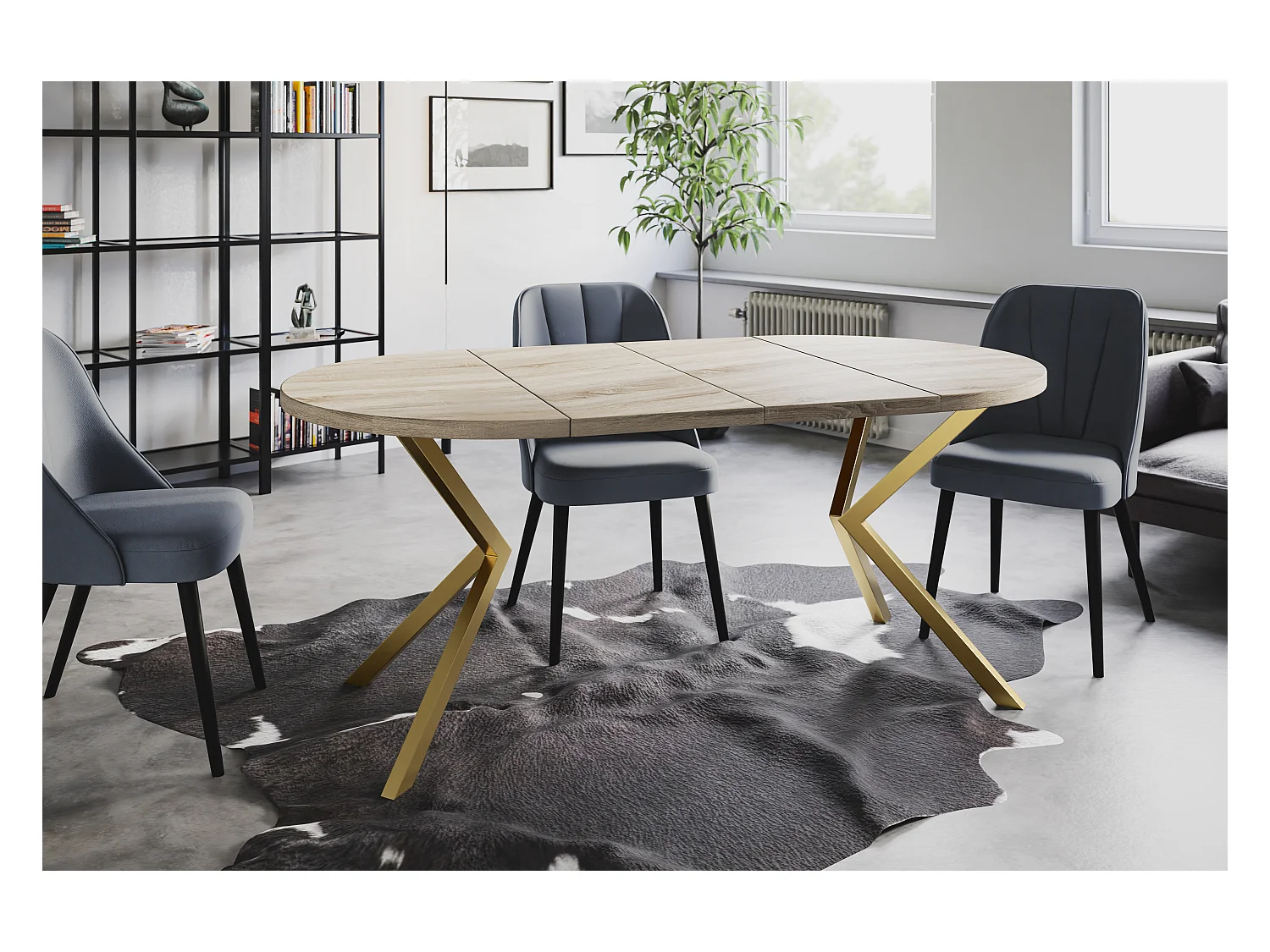 Table à manger ronde LITEN, table à rallonges Diamètre : 120 cm/200 cm, couleur de la table de salon : beige, avec pieds métalliques couleur or