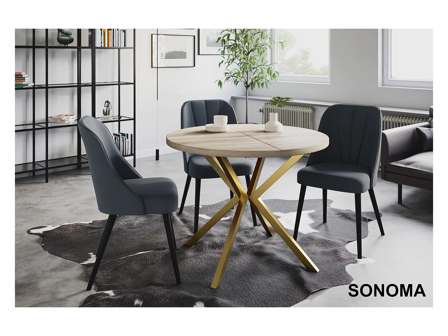 Table à manger ronde LITEN, table à rallonges Diamètre : 120 cm/200 cm, couleur de la table de salon : beige, avec pieds métalliques couleur or