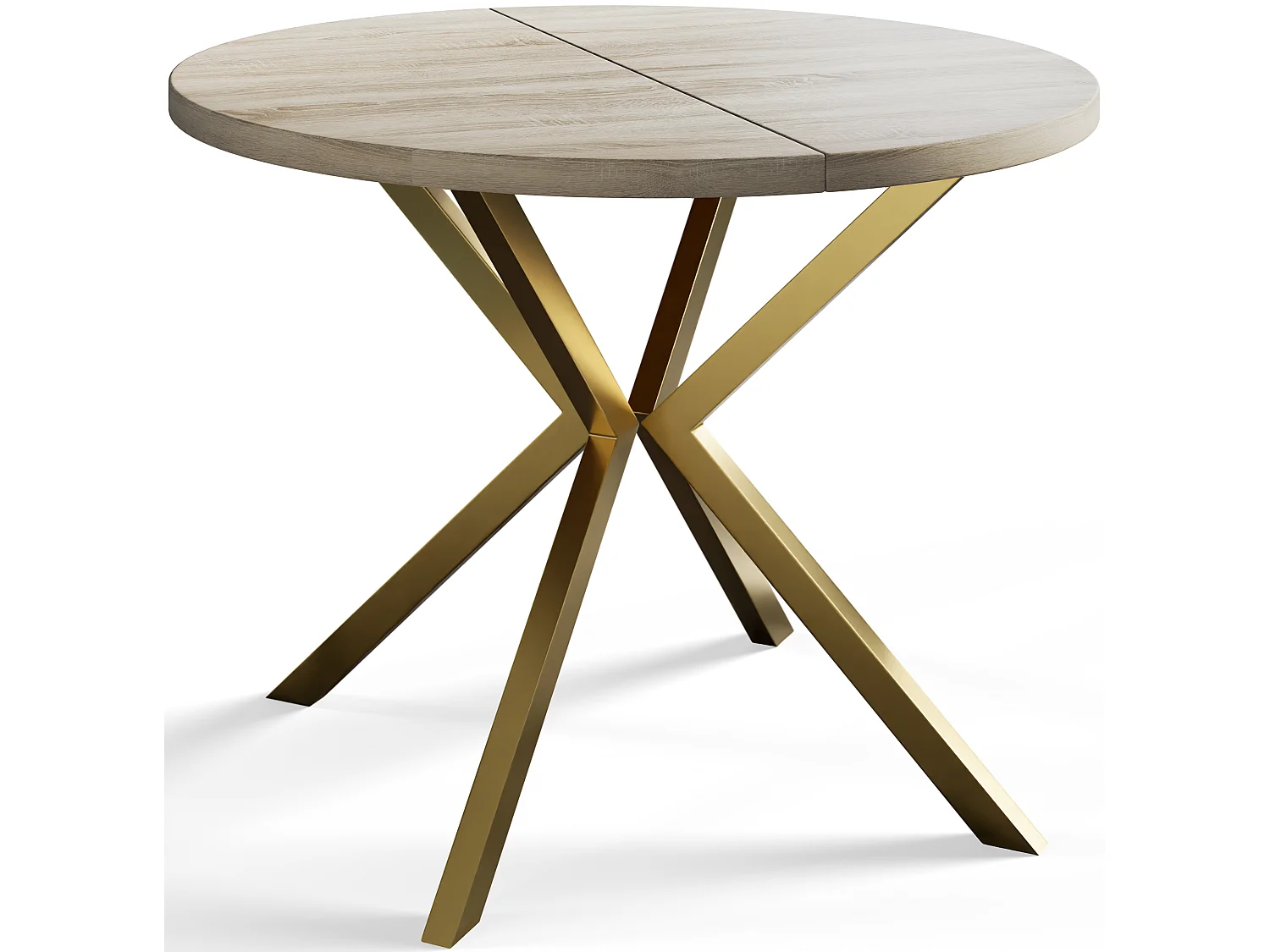 Table à manger ronde LITEN, table à rallonges Diamètre : 120 cm/200 cm, couleur de la table de salon : beige, avec pieds métalliques couleur or