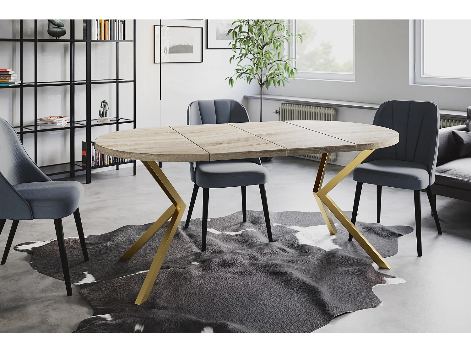 Table à manger ronde LITEN, table à rallonges Diamètre : 120 cm/200 cm, couleur de la table de salon : beige, avec pieds métalliques couleur or