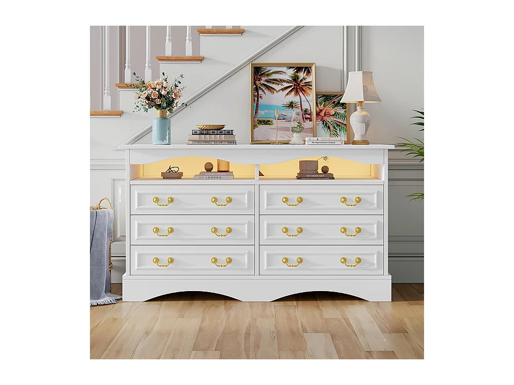 Commode 6 compartiments LED bande lumineuse rangement semi-ouvert couloir salon bureau blanc