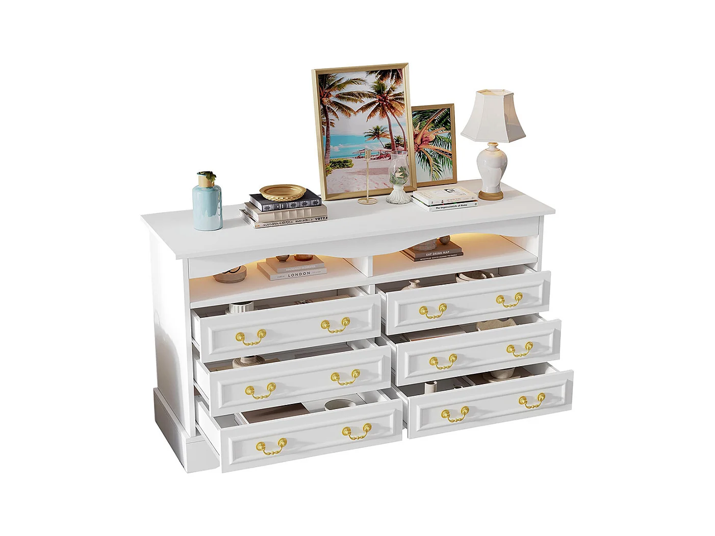 Commode 6 compartiments LED bande lumineuse rangement semi-ouvert couloir salon bureau blanc