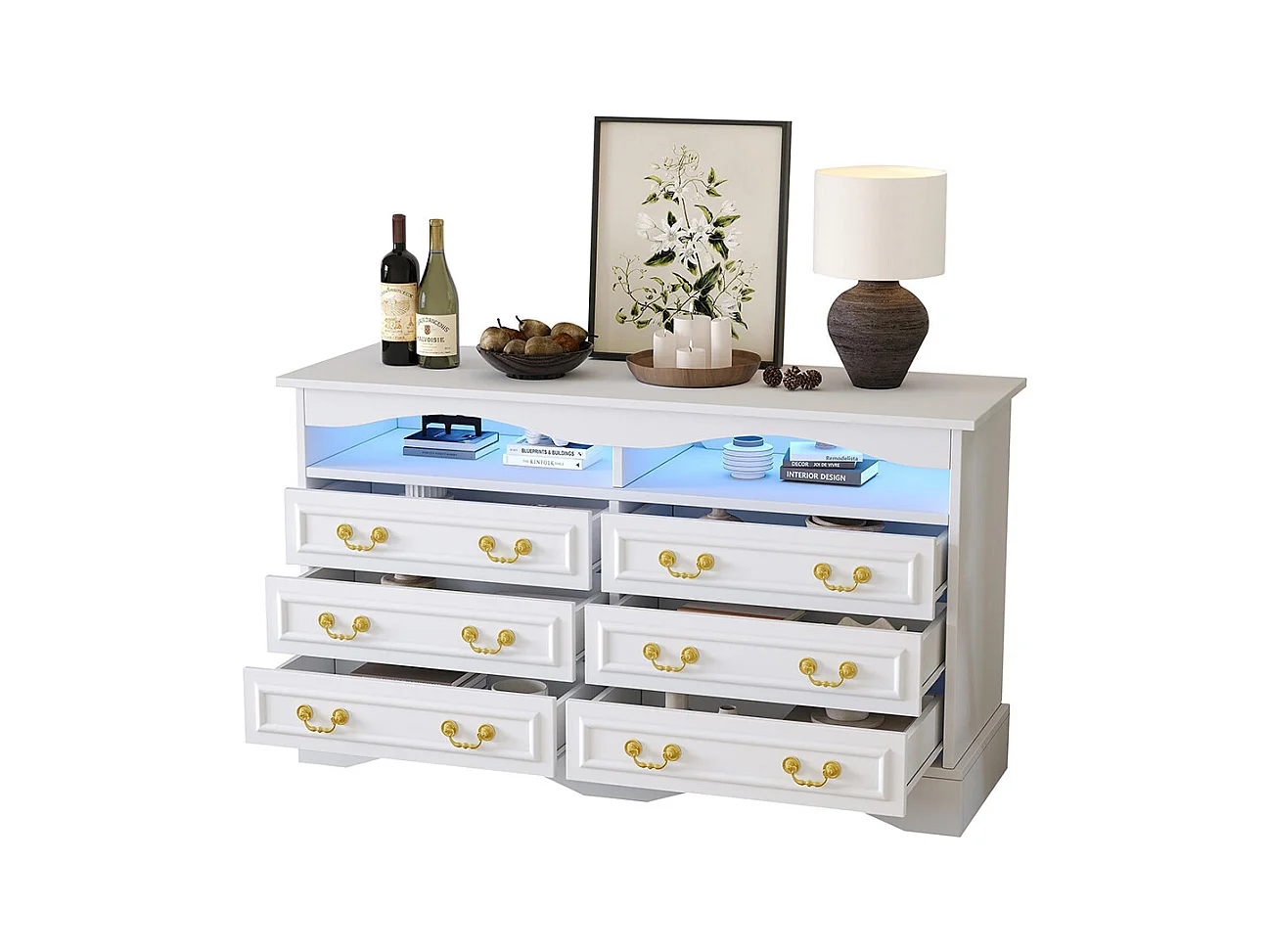 Commode 6 compartiments LED bande lumineuse rangement semi-ouvert couloir salon bureau blanc