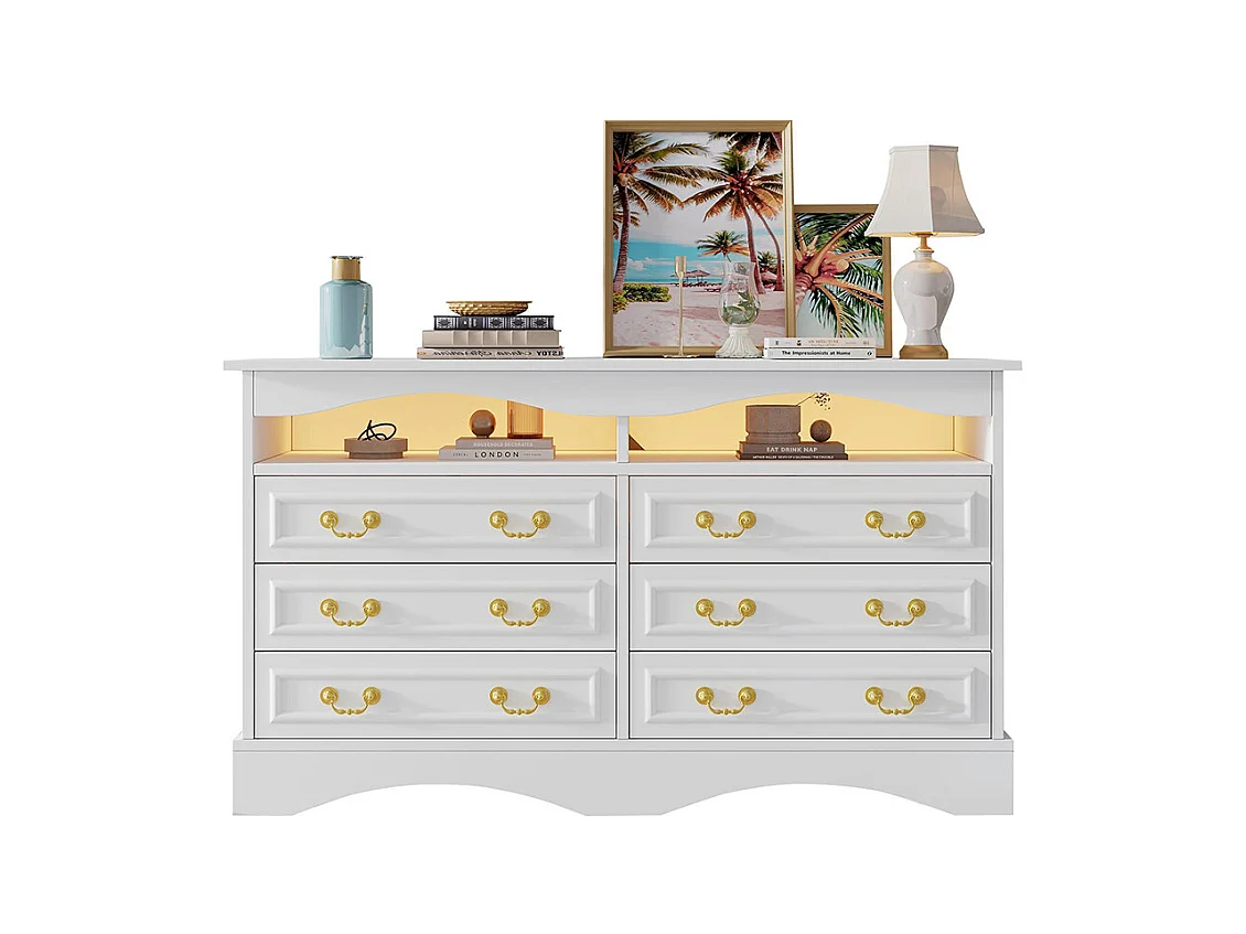 Commode 6 compartiments LED bande lumineuse rangement semi-ouvert couloir salon bureau blanc