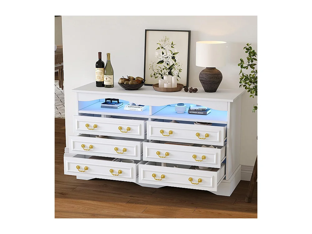 Commode 6 compartiments LED bande lumineuse rangement semi-ouvert couloir salon bureau blanc