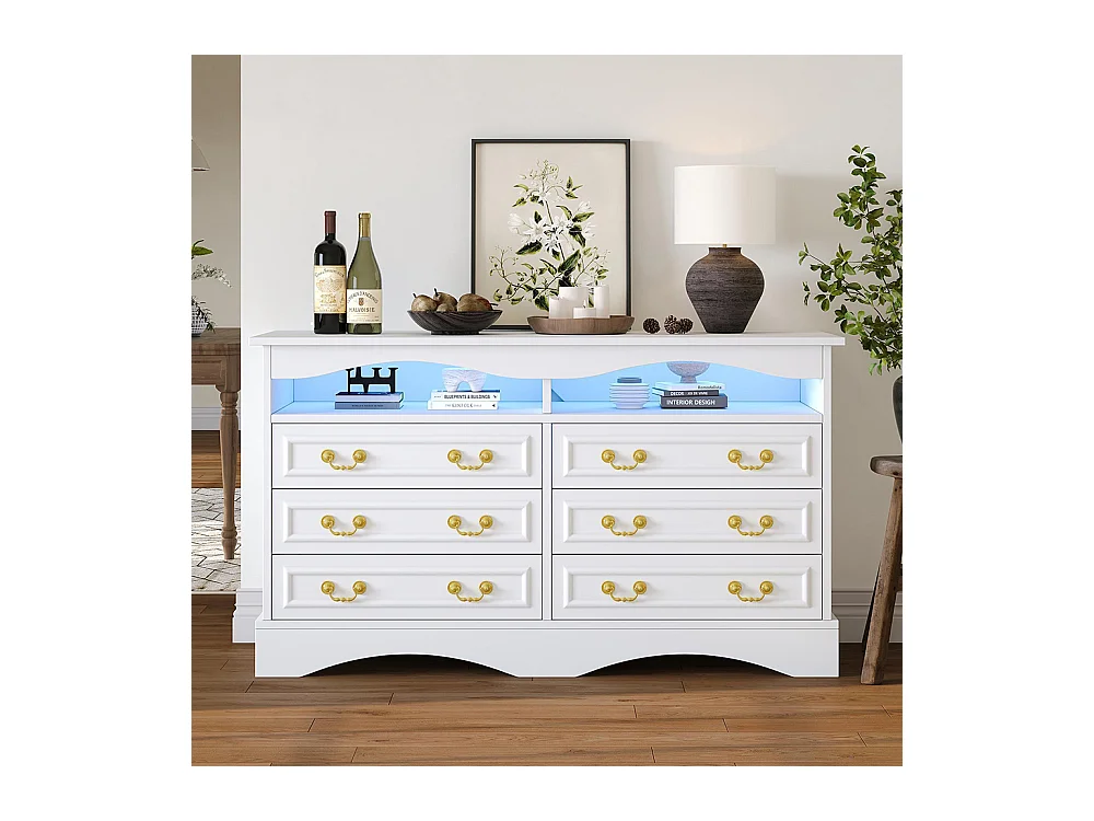 Commode 6 compartiments LED bande lumineuse rangement semi-ouvert couloir salon bureau blanc