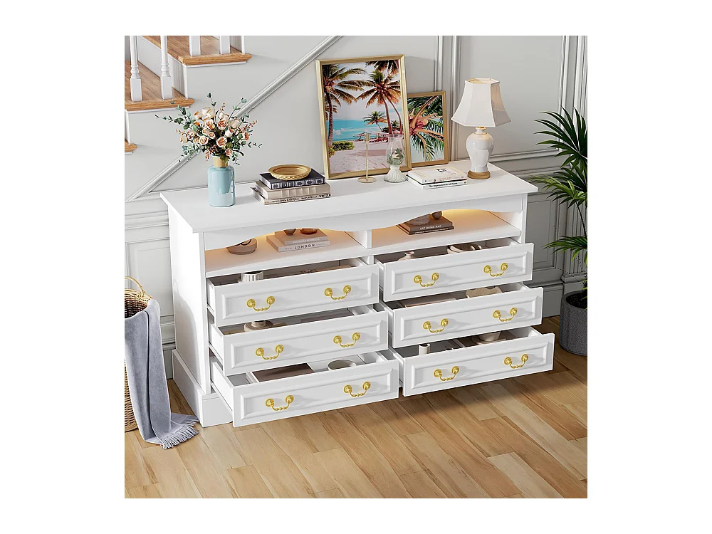 Commode 6 compartiments LED bande lumineuse rangement semi-ouvert couloir salon bureau blanc