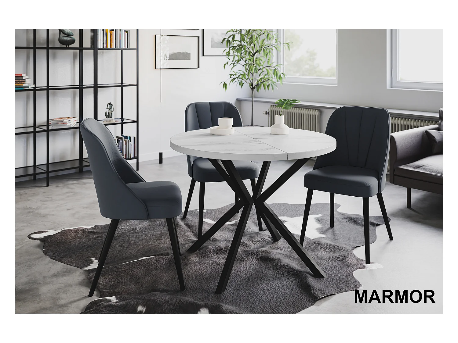 Table à manger ronde LITEN, table à rallonges Diamètre : 100 cm/180 cm, couleur de la table basse : marbre, avec pieds métalliques de couleur noire