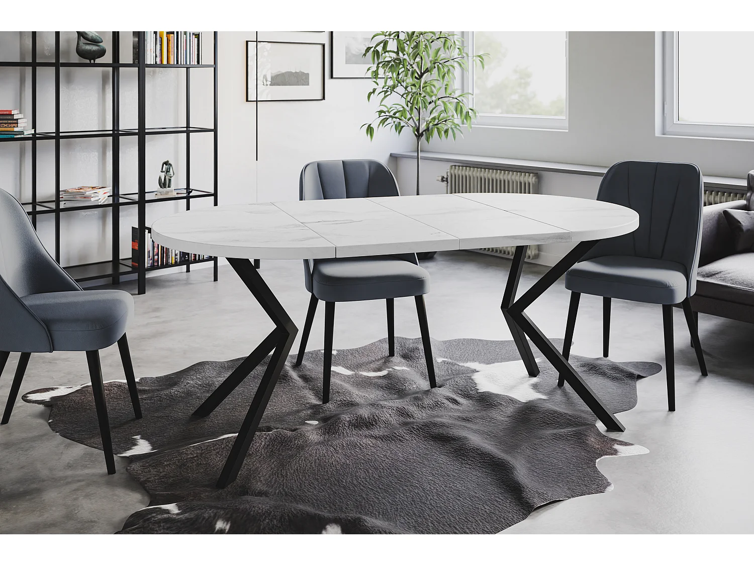 Table à manger ronde LITEN, table à rallonges Diamètre : 100 cm/180 cm, couleur de la table basse : marbre, avec pieds métalliques de couleur noire