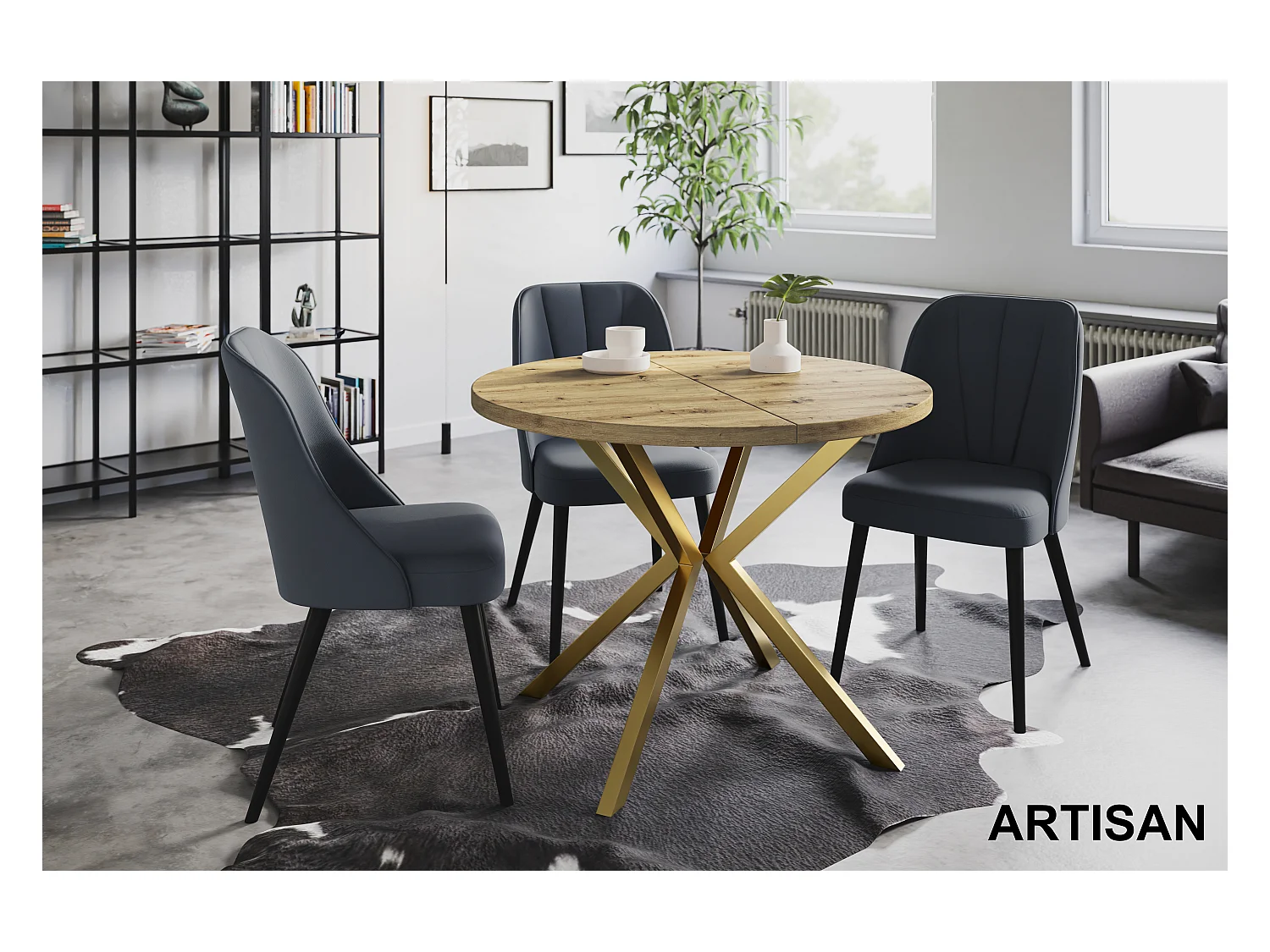 Table à manger ronde LITEN, table à rallonges Diamètre : 120 cm/200 cm, couleur de la table basse : brun mat, avec pieds métalliques couleur or